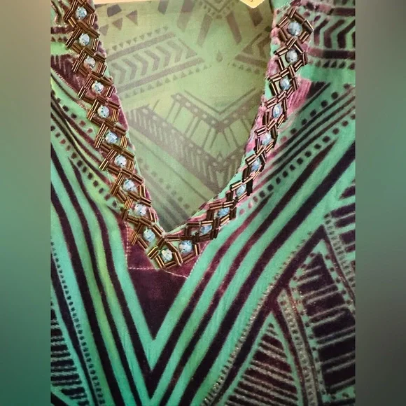 Hale Bob Vibrant Printed Long Sleeve Aqua Turquoise & Purple Burn Out Blouse Top - Picture 2 of 6